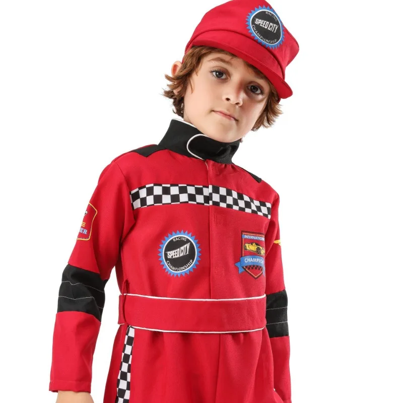 Disfraz de corredor rojo para niño, disfraz de Halloween, juego de rol, conductor de carreras, uniforme de entrenamiento de una pieza, tela para disfraz de personaje de corredor infantil