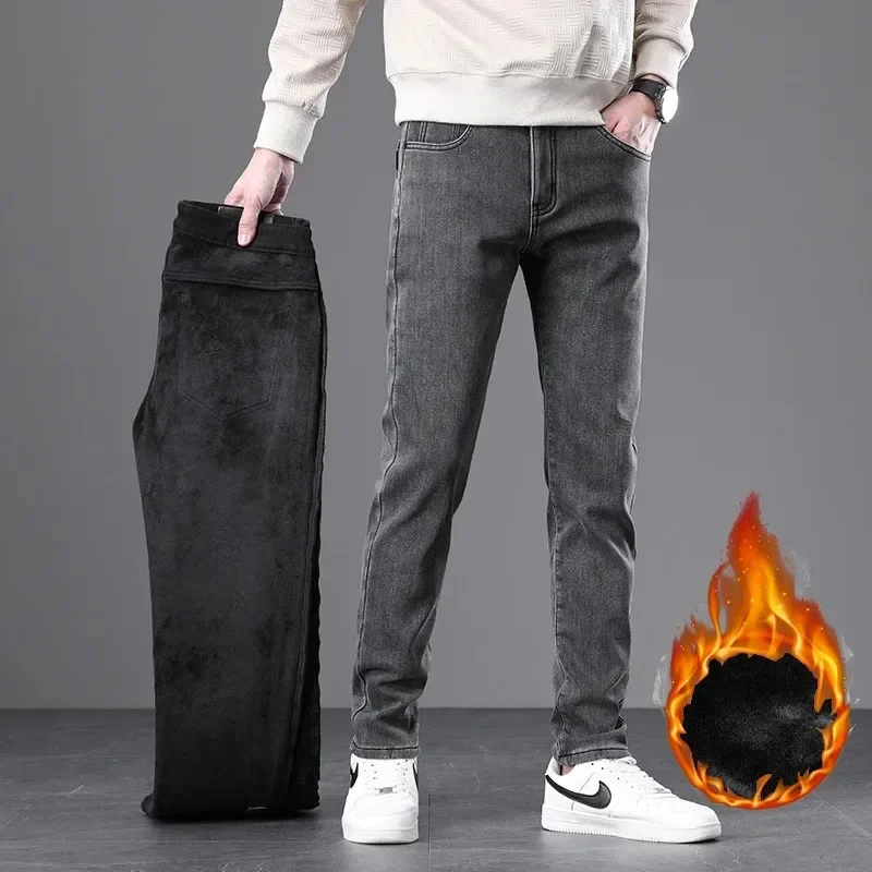 2024 New Winter Men Classic Business Plush Wool Skinny Jeans Male Warm Fleece Slim Fit Denim Pants Thick Fur Elastic Trousers