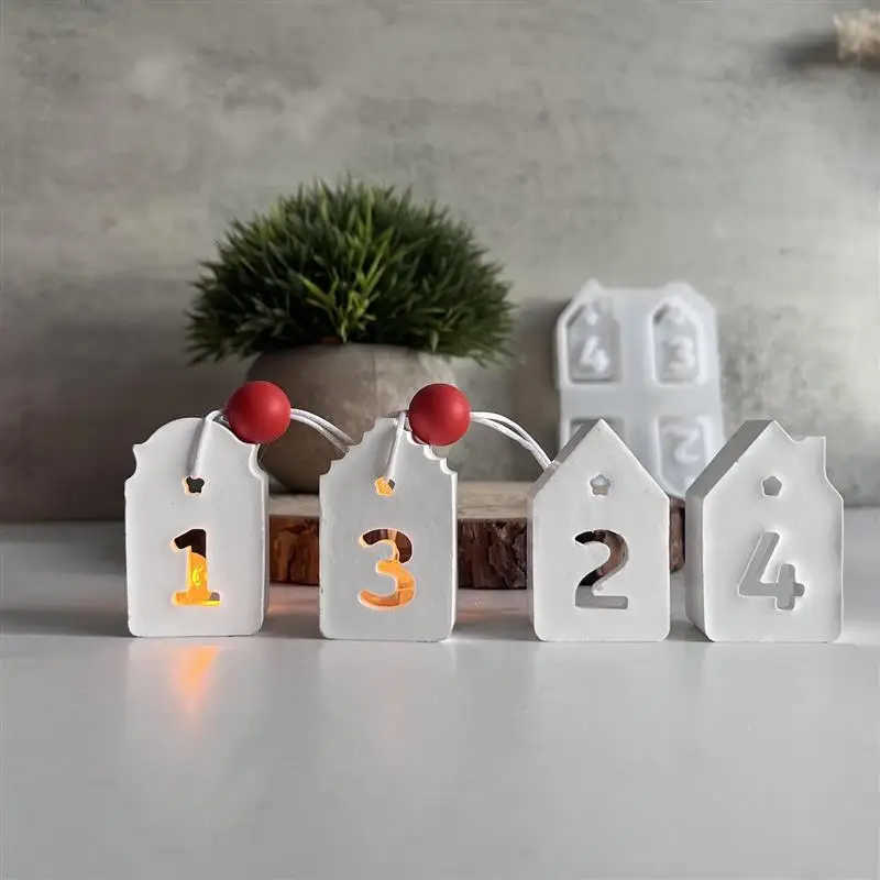 4-in-a-row Digital House Decoration Silicone Mold Small House Digital Pendant Decoration Mold Advent Gypsum Dropper Candle Mould