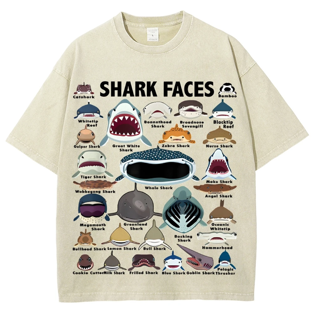 Water Retro Old Neutral Style T-Shirt Various Shark Printing High Quality Pure Cotton Round Neck Pullover New Short Sleeves