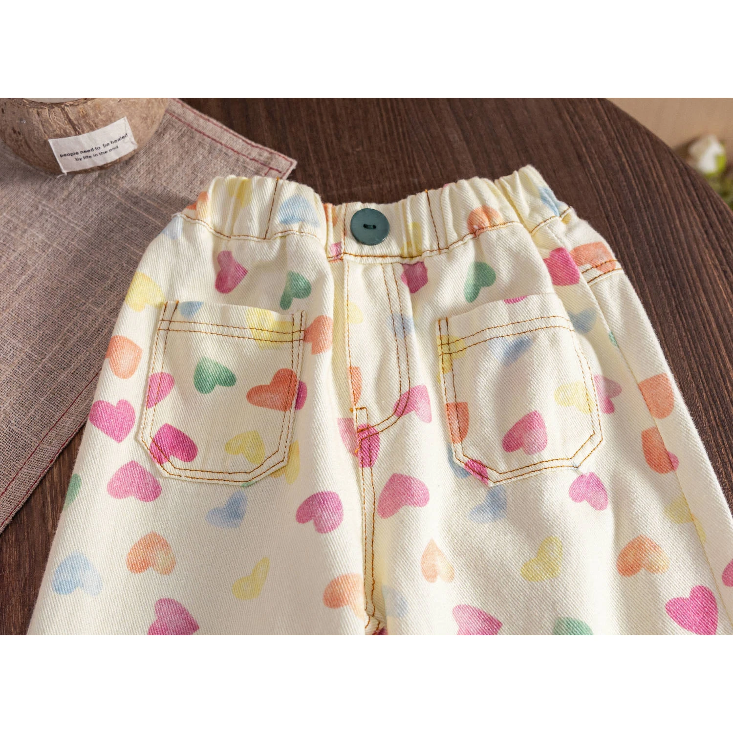 Children's Jeans 2024 Spring Baby Girls' Fashion Colorful Love Printed Straight Wide Leg Pants Casual Loose Denim Trousers