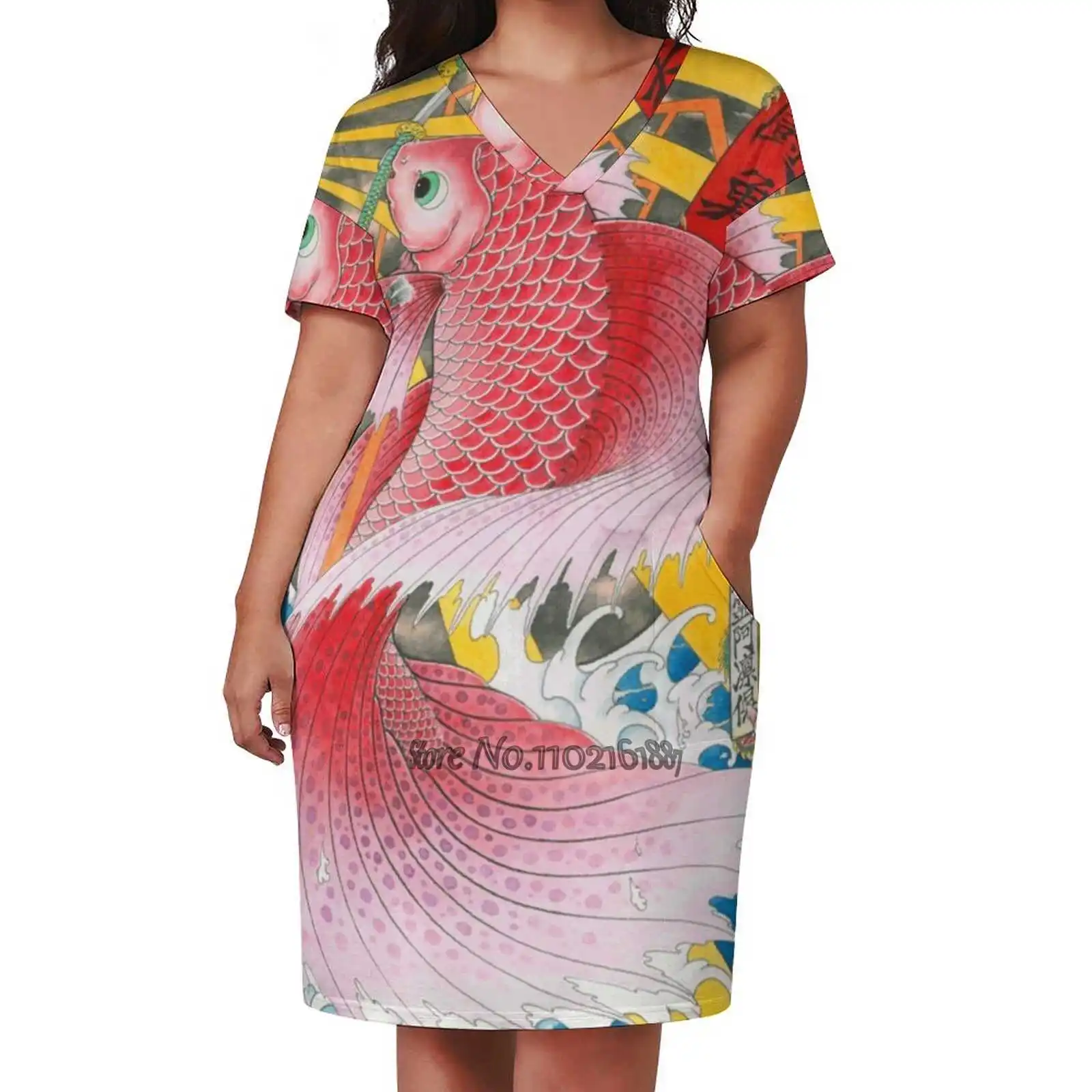 Ukiyo - E Betta Fish Loose V-Neck Skirt Sexy Short Sleeve Skirt Loose A-Line Dress Light And Breathable Dress Betta Fish Dragon