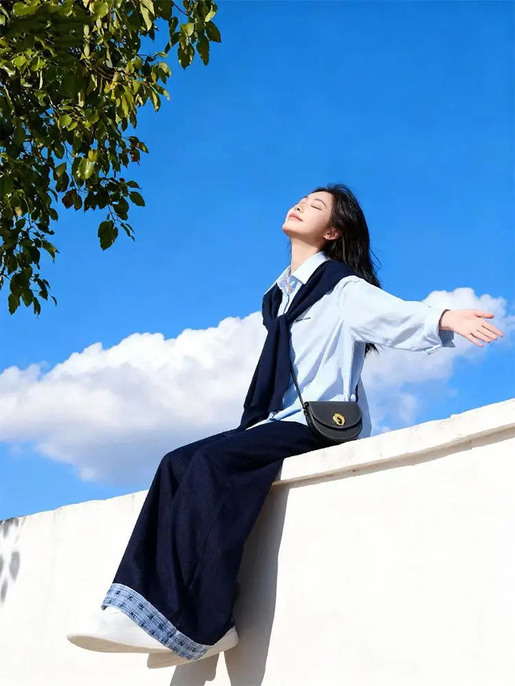 

Spring Korean Sle Women's Faion Set with oulder awl Wide Leg Jeans irt Casual Long Sve Ne Knitted Top