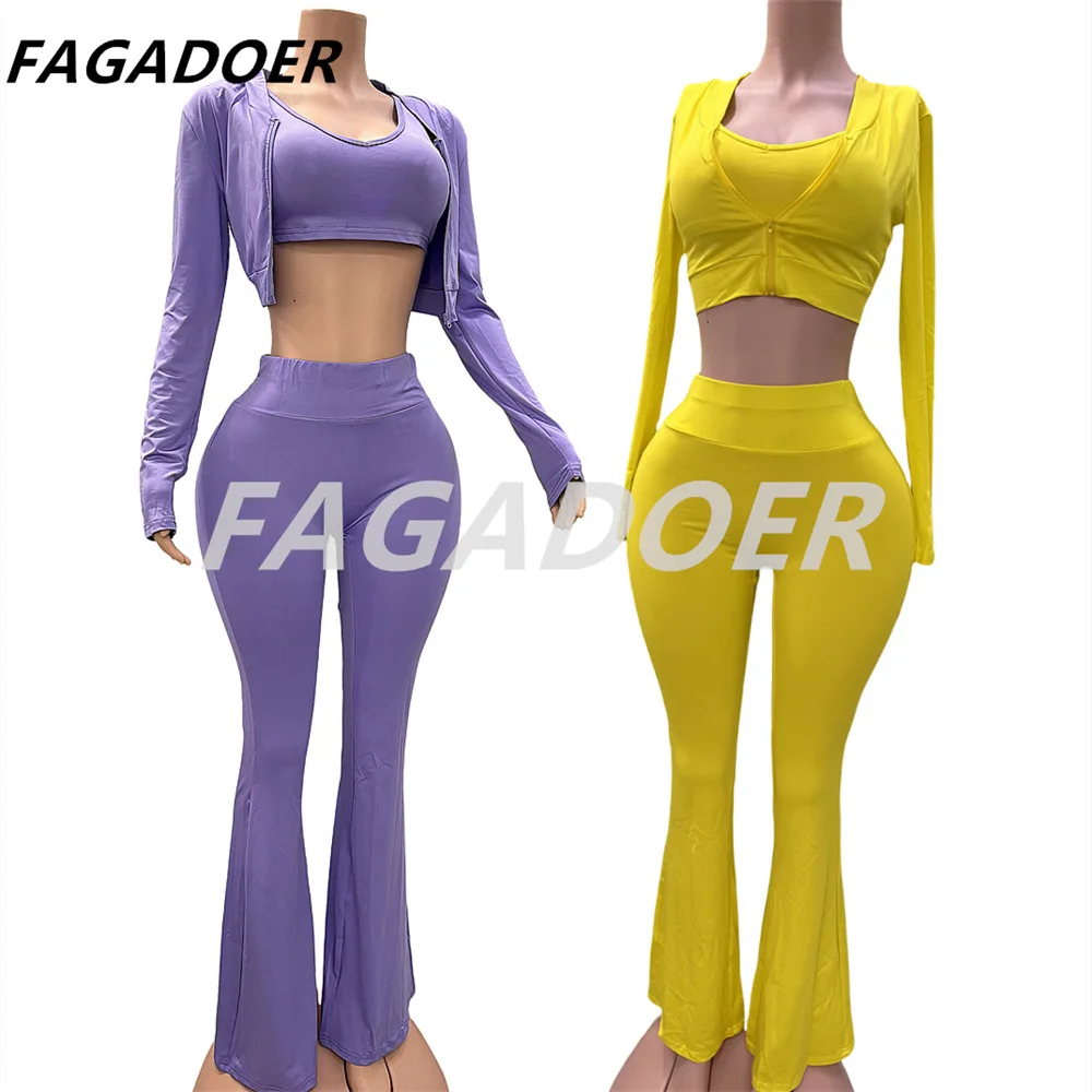 FAGADOER Fashion Solid Color Sporty Flare Pants Women Vest + Long Sleeve Crop Coats + Skinny Pants 3 Piece Sets Female Outfits