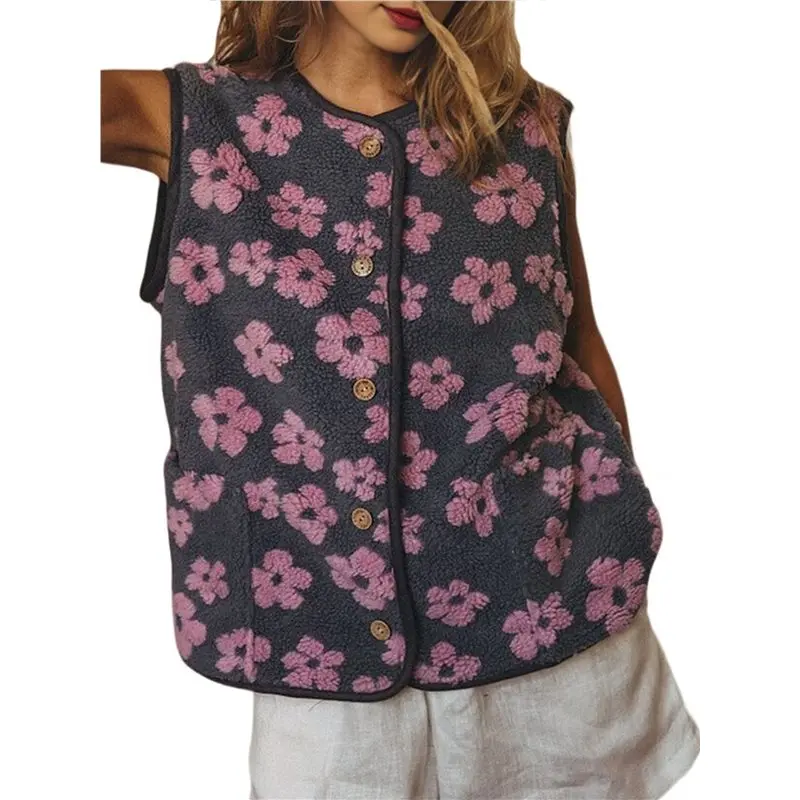 

CYL-Womens Vest Casual Sleeveless Floral Prints Button Down Sherpa Jacket Outerwear With Pockets Pink M