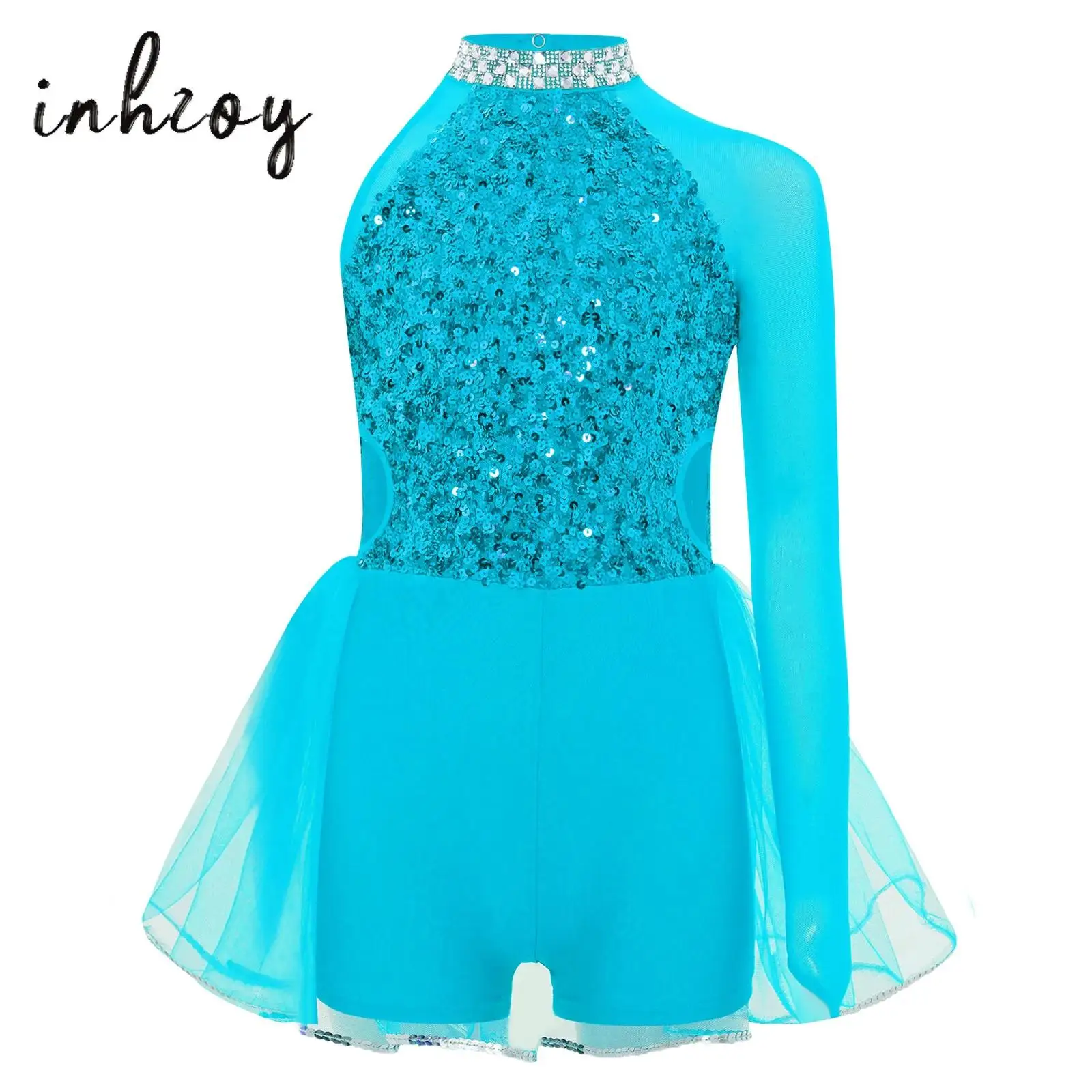 

Kids Girls Latin Jazz Dance Performance Costume Ballet Leotard Shiny Sequins Bodice Tulle Skirted Leotard Asymmetrical Jumpsuit
