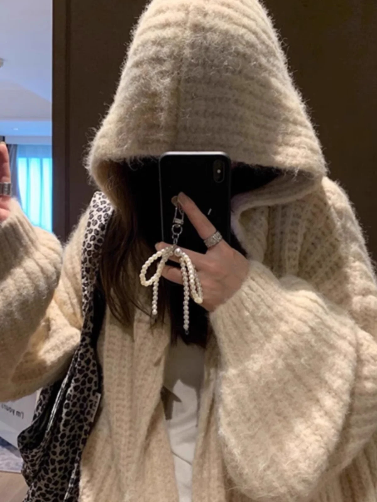 

Ladies' Hooded Knitted Sweater Coat Medium Length Outerwear Loose Fit Autumn Winter Thiened Korean Sle Casual Comfortable