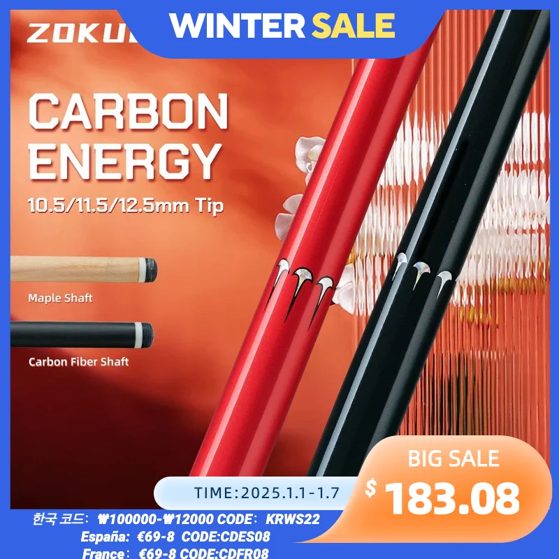 ZOKUE Carbon Fiber Pool Cue Stick with 2 Shafts Low Deflection Full Carbon Technology 1/2 Split Billiards Pool Stick Set