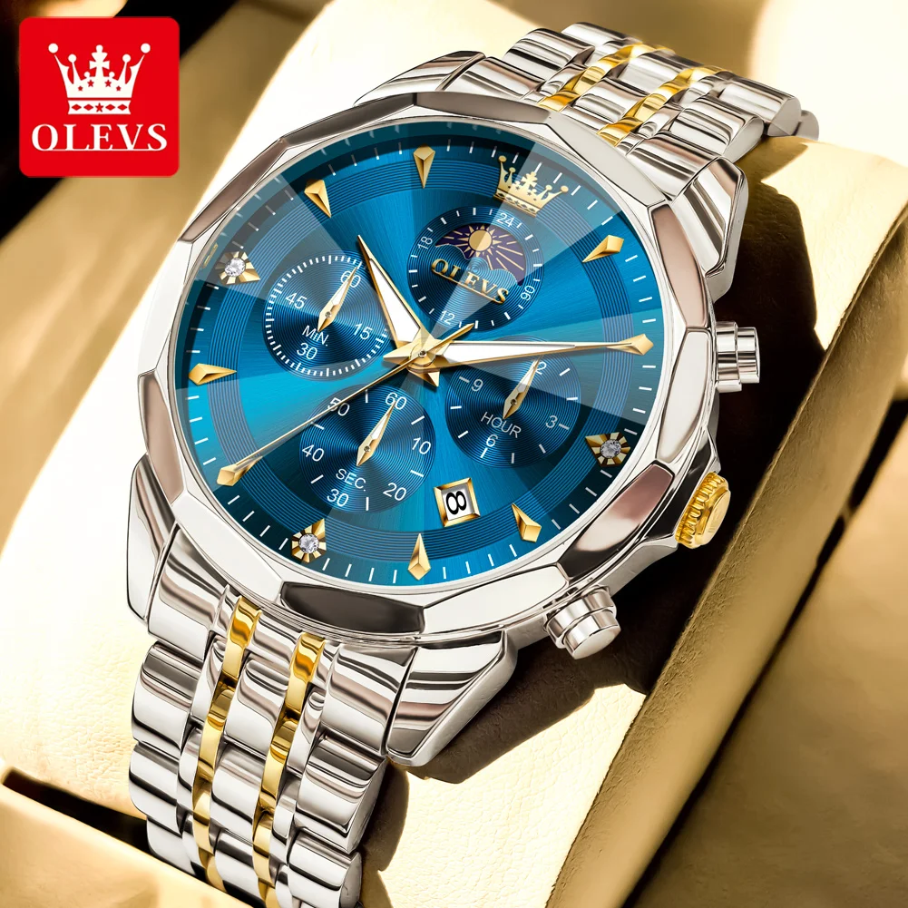 

OLEVS Original Men's Watches 43mm Case Date high-end Quartz Gold Blue Wristwatch For Man Waterproof Luxury reloj hombre 3673