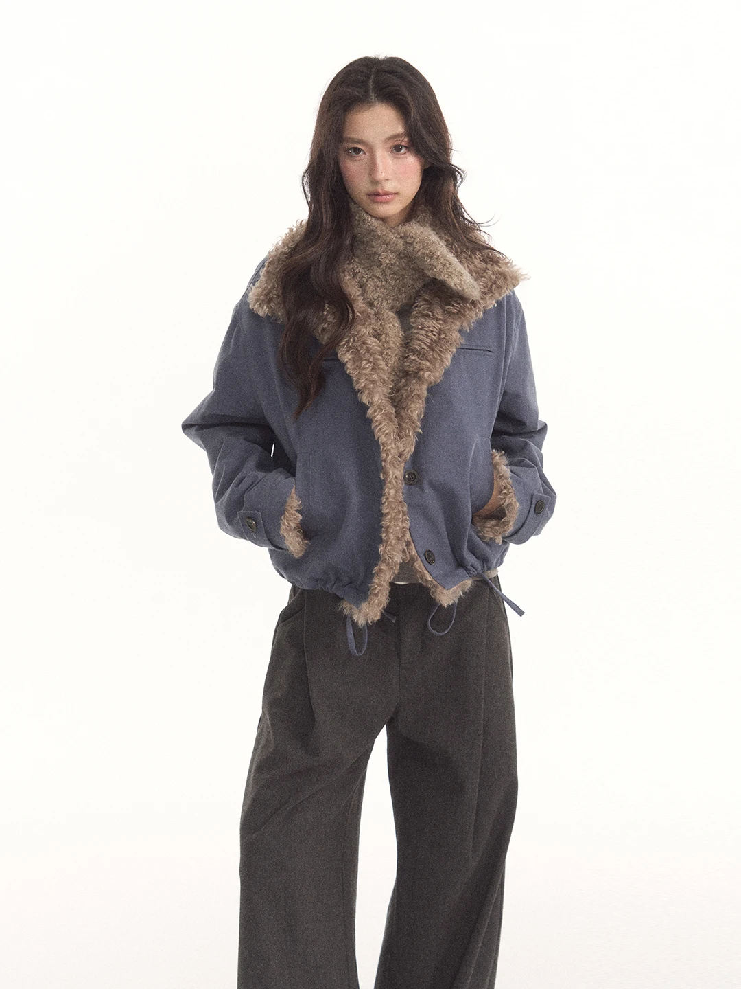 7Shiftin Original Design Retro Short Plaid Faux Fur Trimmed Collar Jacket Color Block Casual Style Women's Cotton Linen Blend