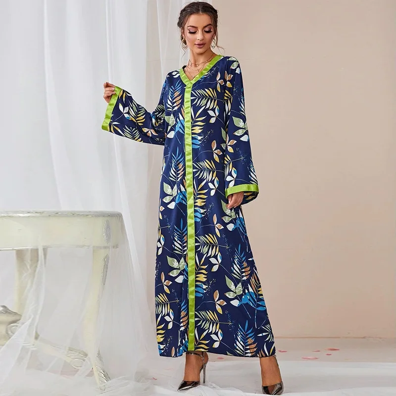 

YQ-21730 Hot 2023 V-neck Long Sleeve Green Edge Sleeve Leaf Printed Loose Dress