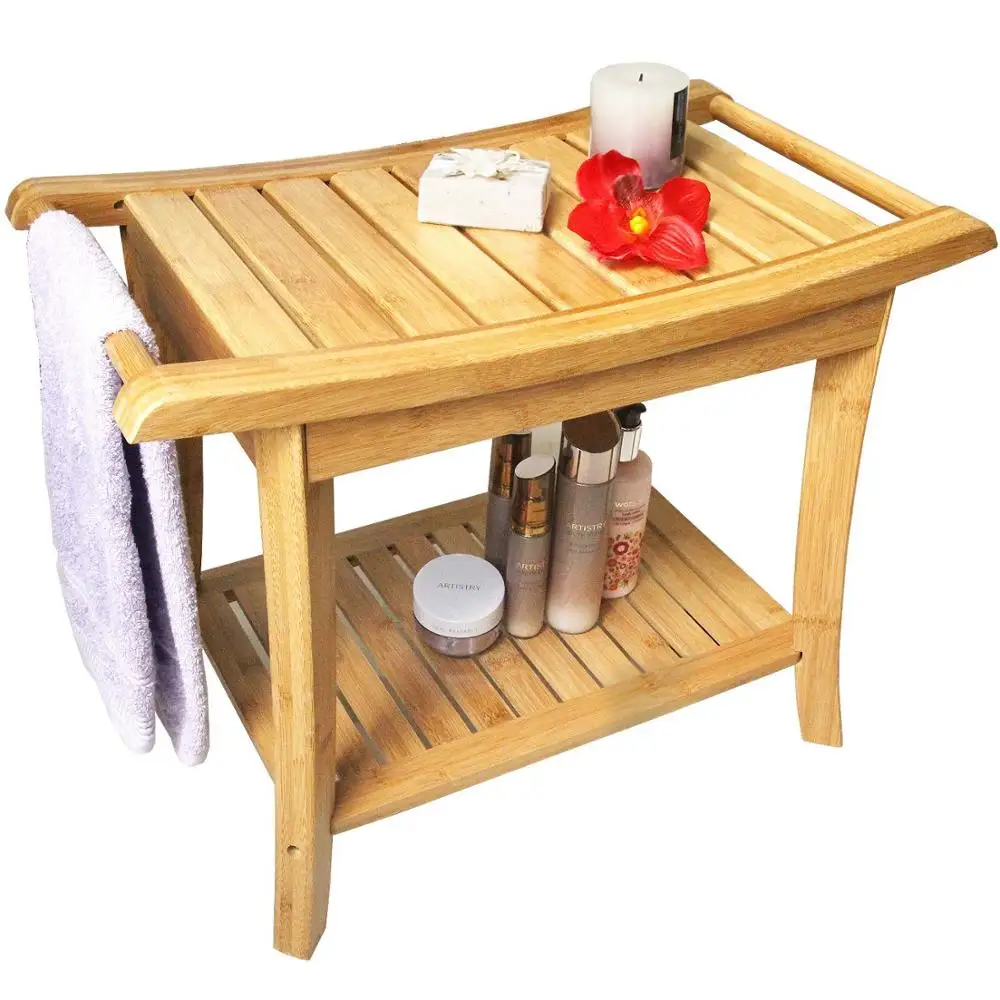 Bamboo Shower Bench, Waterproof Shower Chair with Storage Shelf