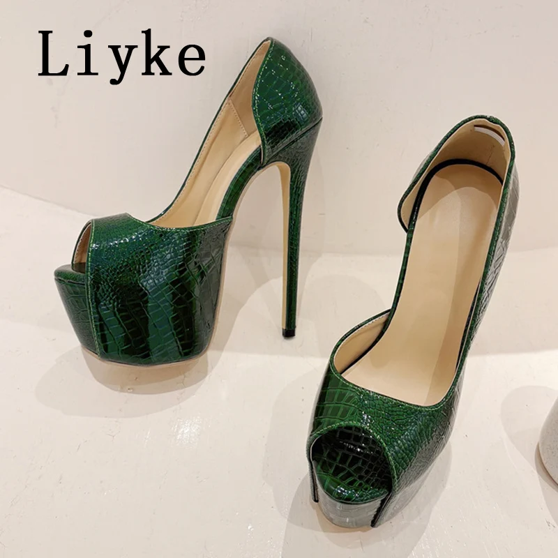 Liyke 2024 New Green High Heels Women Platform Sandals Sexy Snake Print Peep Toe Club Stripper Pole Dance Shoes Pumps Size 35-42