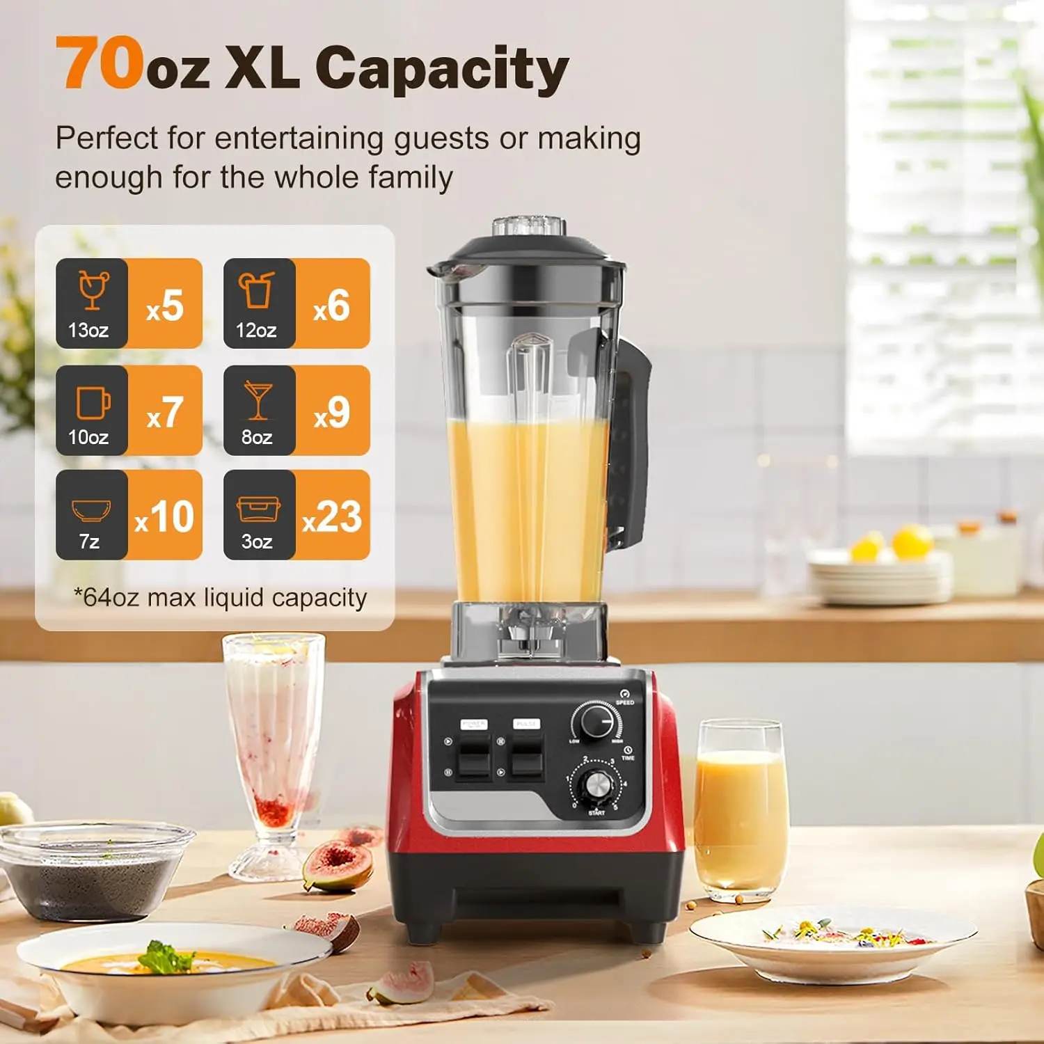 خلاط عصير بقدرة 1800 وات، خلاطات قوية للمطبخ بسعة كبيرة 70 أونصة وحاويات خالية من مادة BPA مع كوب كونترتوب للذهاب
