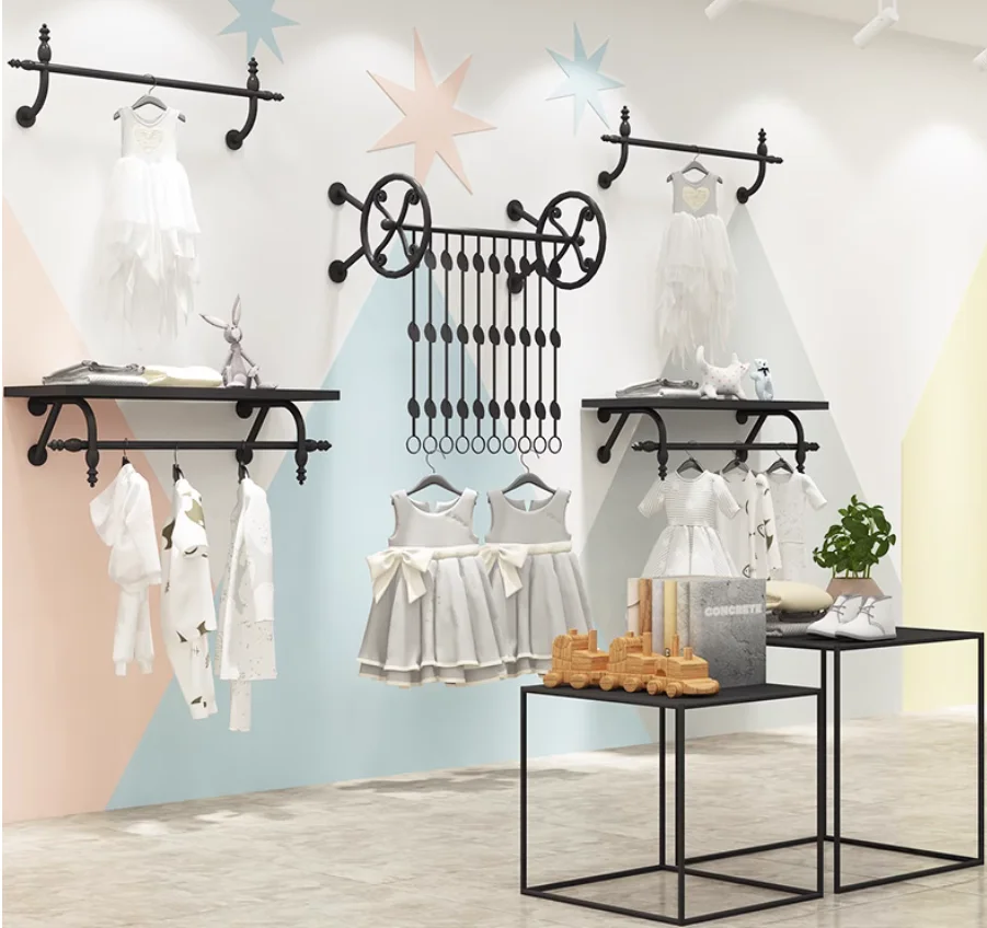 Children's clothing store shelves display racks, wall mounted hangers, shopping mall children's clothing shelves