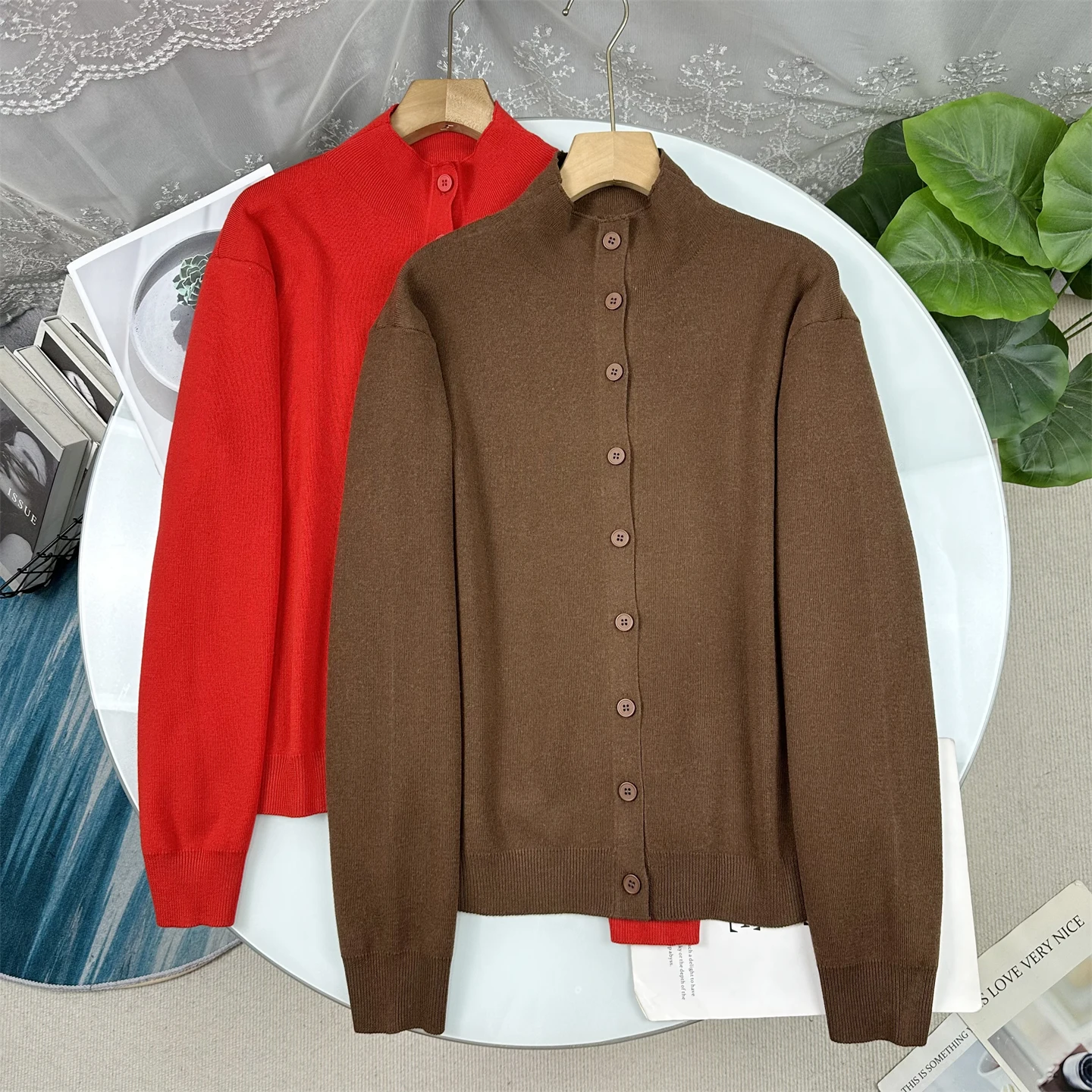 

Zhi1900 Рождественский красный вязаный кардиган с открытым передом, женский, с воротником-стойкой, на одной пуговице, универсальный свитер, верхняя одежда, с длинными рукавами