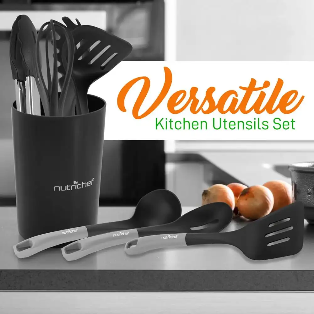 NutriChef 10 pz. Set di utensili da cucina antiaderenti in Silicone resistente al calore-(argento e nero)