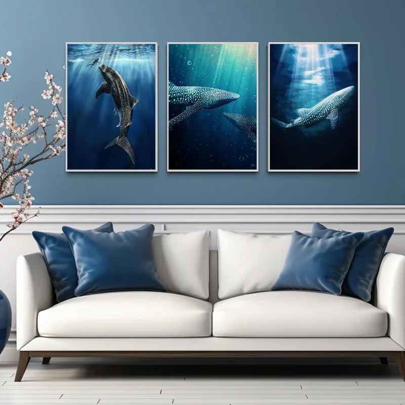 Classical Vintage Giant Creatures In The Ocean Canvas Painting Wall Decor Manta Ray Turtle Whale Shark Art Poster Print Picture