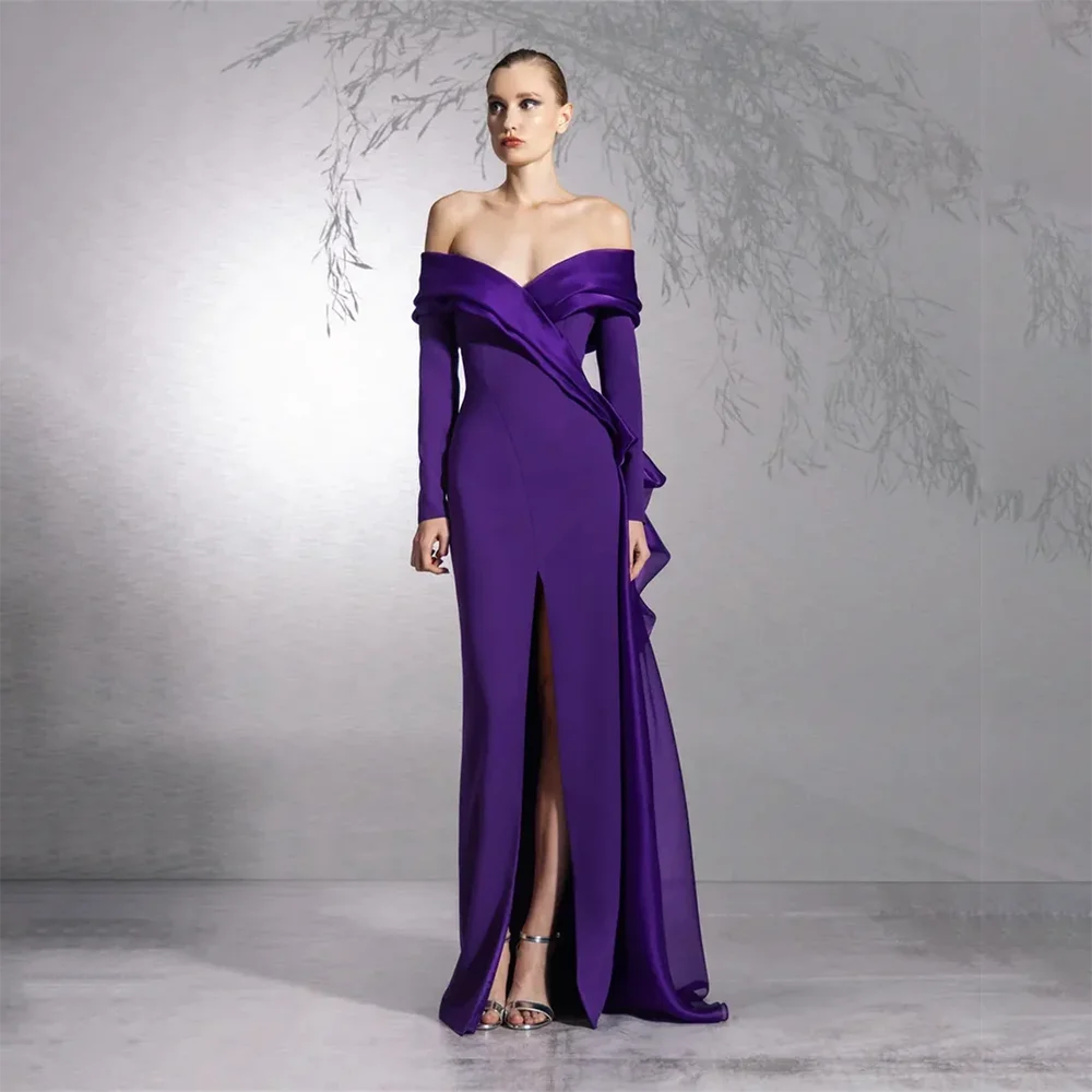 

Customized Elegant Off Shoulder Prom Dresses Purple Mermaid Long Sleeve Evening Dresses Floor Length Special Events Gala 2025