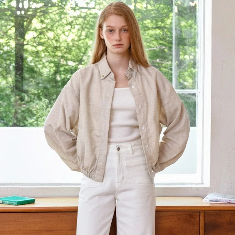 Long Sleeve Turn Down Collar Coat Loose Fit Elegant Professional Women Jacket with Regular Thickness Shirt Sleeve Pocket
