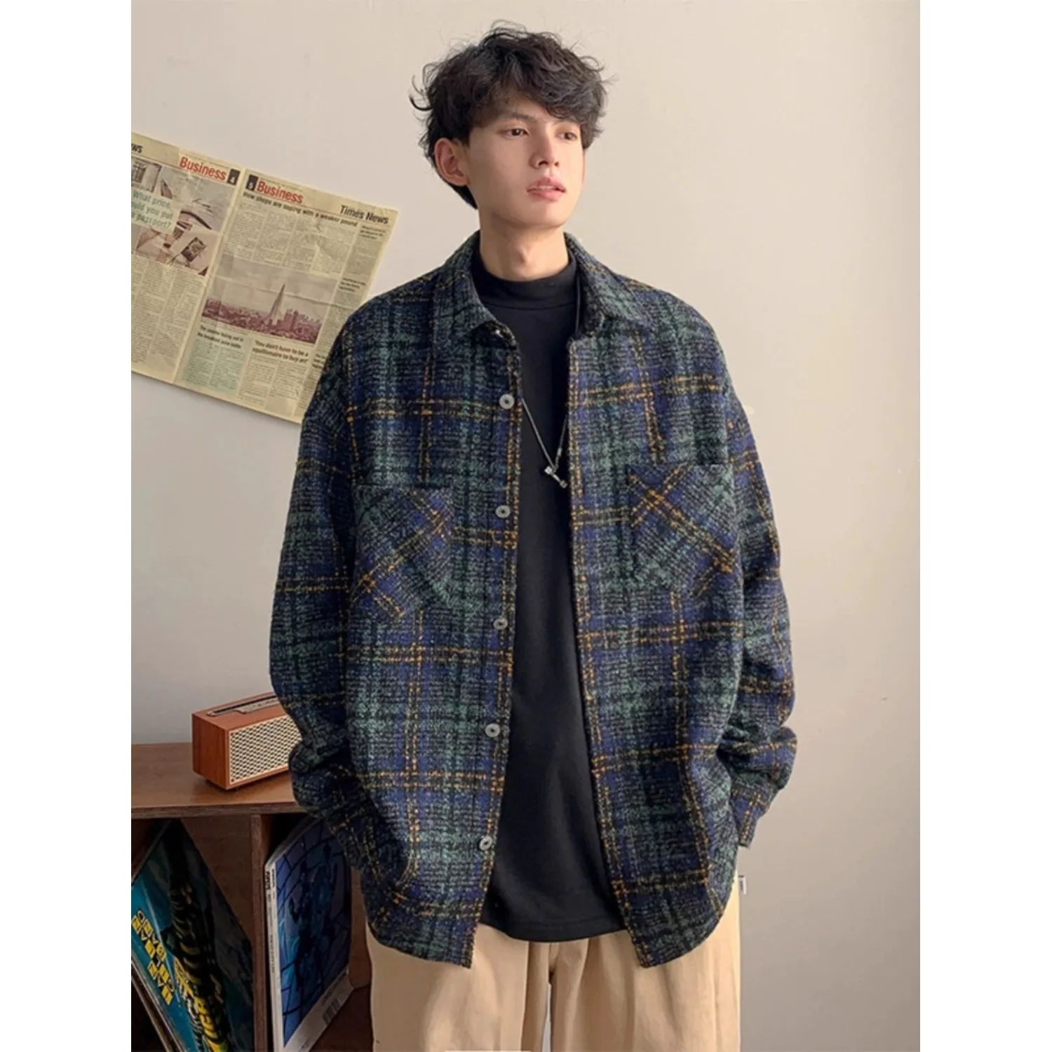 

Men's Thiened Heavyweight Long Sve Flannel irt Loose Workwear Jaet American Sle Polyester Fiber Youth Autumn Winter