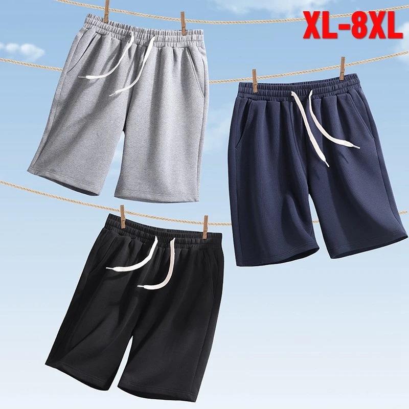 Plus Size 7XL 8XL Summer Men's Shorts High Quality Solid Color Simple Loose Male Pants Elastic Waist Cotton Casual Man Trousers