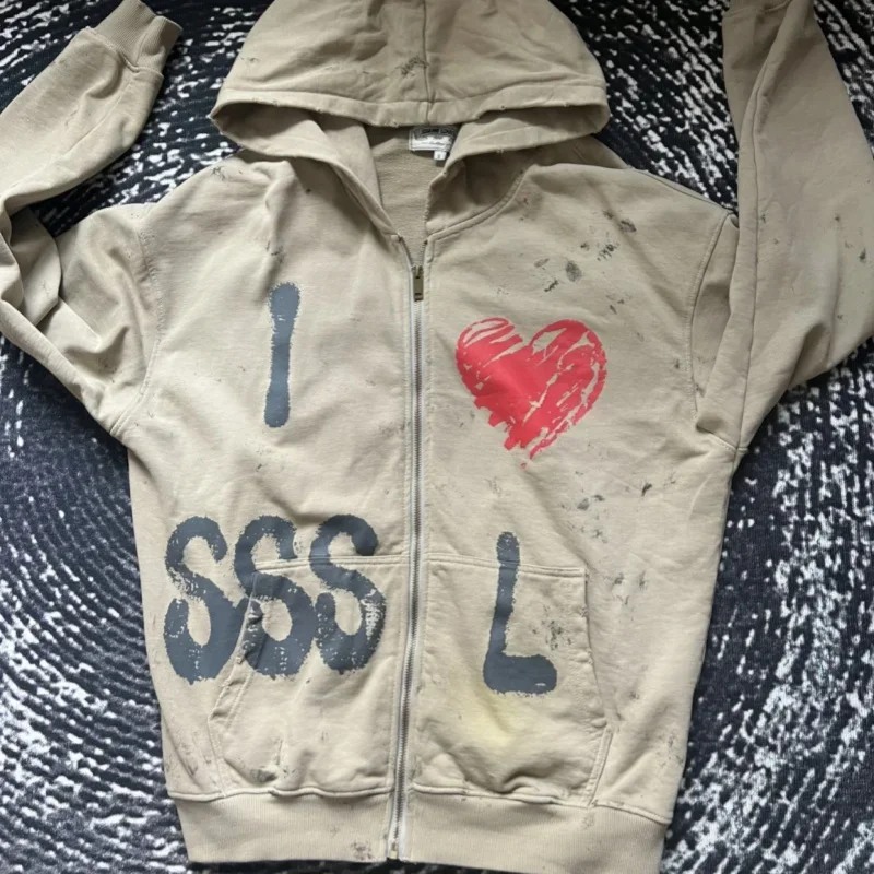 Oversized Splashing Ink Saint Jackets Vinatge Street Graffiti Love Washed Holes Looped Zippered Hoodie Casual Men Women Cleanfit