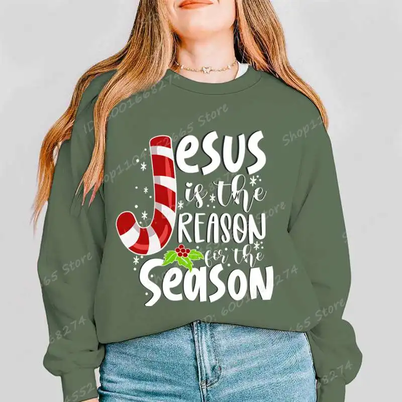 يسوع هو سبب الموسم البلوز المطبوع، هدية عيد الميلاد، بلوزات عيد الميلاد النسائية المسيحية، البلوفرات طويلة الأكمام #3