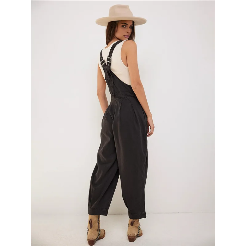 ABP-Jumpsuit Romper Denim Tanpa Lengan Model Longgar Kasual Wanita Dengan Saku dan Tali Pengatur