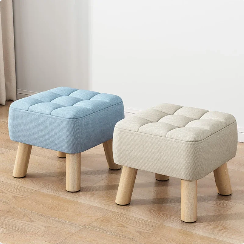 Small Stool for Home Use Round Foot Rest Stool Linen Fabric Padded Seat Pouf with Non-Skid Wooden Legs Living room Furniture