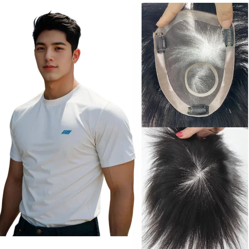 

Men Toupee 100% Human Hair Mono Base 6 Inch Length PU Perimeter Lace Inner With Combs Fully Ventilated Natural Black