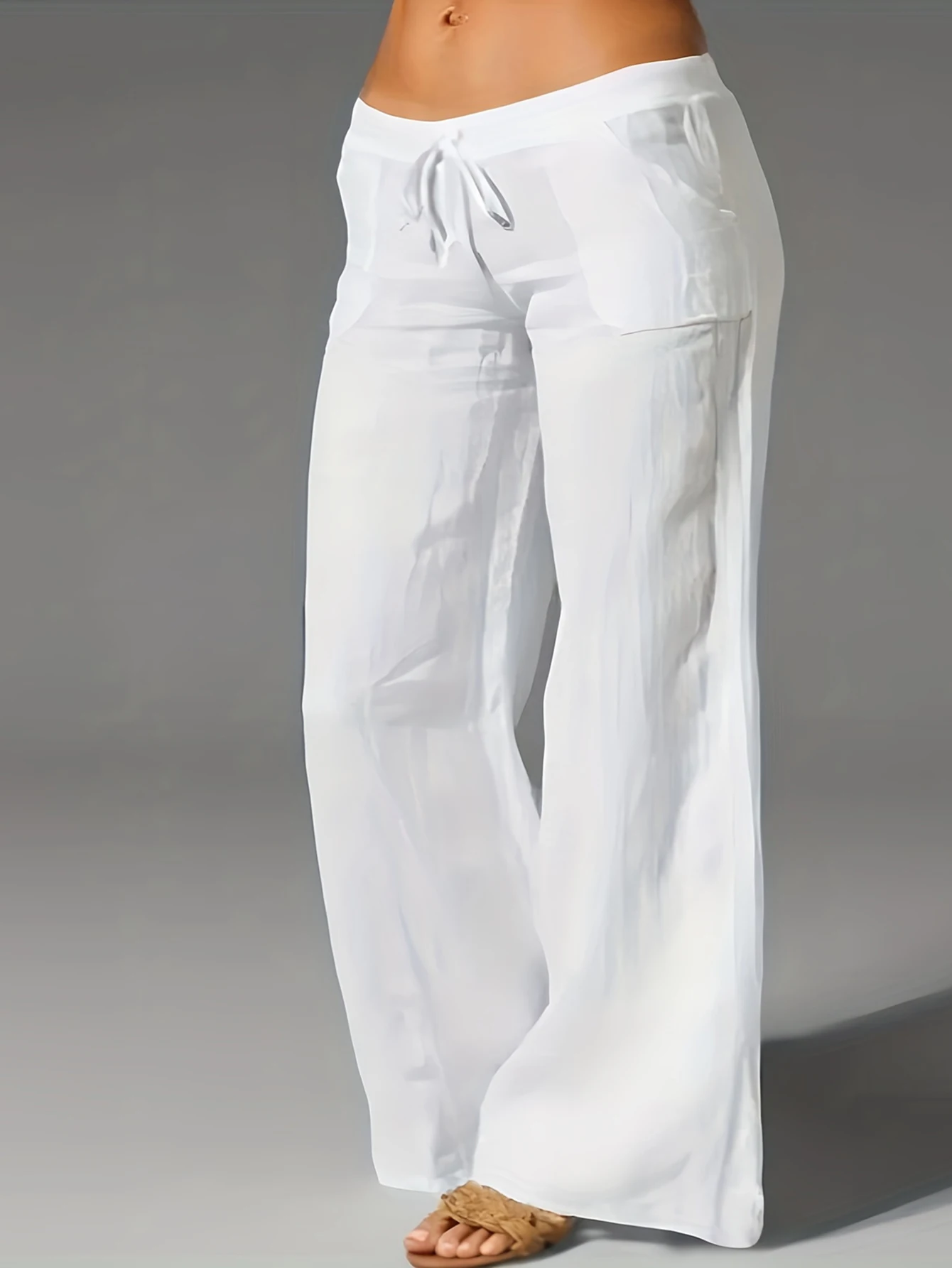 Plus Size Solid Drawstring Wide Leg Pant Casual High Waist Pants For Spring Summer Women\'s Plus Size Clothing