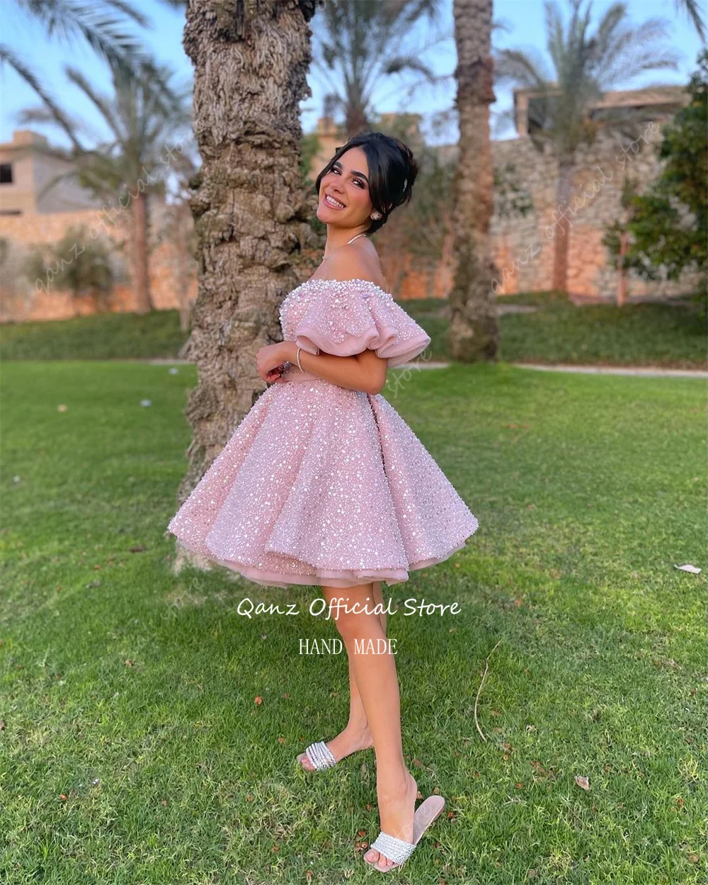 Qanz Siny Pink Prom Dresses Off The Shoulder Sparkle paillettes Party Dress donna elegante lusso corto una linea abiti da laurea