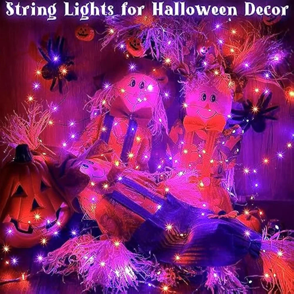 Purple and Orange Fairy String Lights Total 100/200LED USB Fairy Lights With 8 Modes Copper Black Wire For Halloween Decorations