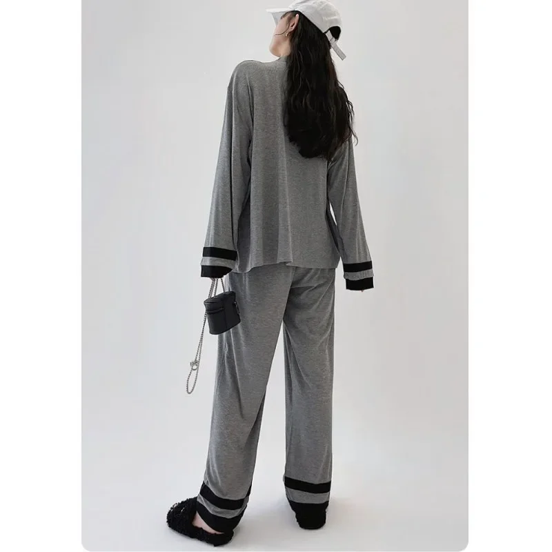 2025 King Size Slouchy Style Sleepwear Set Long Sleeve Pajama Women New Fashion Homewear Thin Simple V-neck Loose Loungewear Set