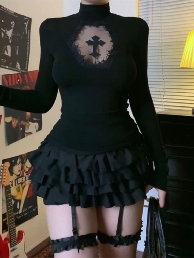

See Through Mesh Hollow Out Slim Fit Long Sleeve Tops Women+ Y2k High Waist Cake Skirts Spring Summer New Two Piece Sets