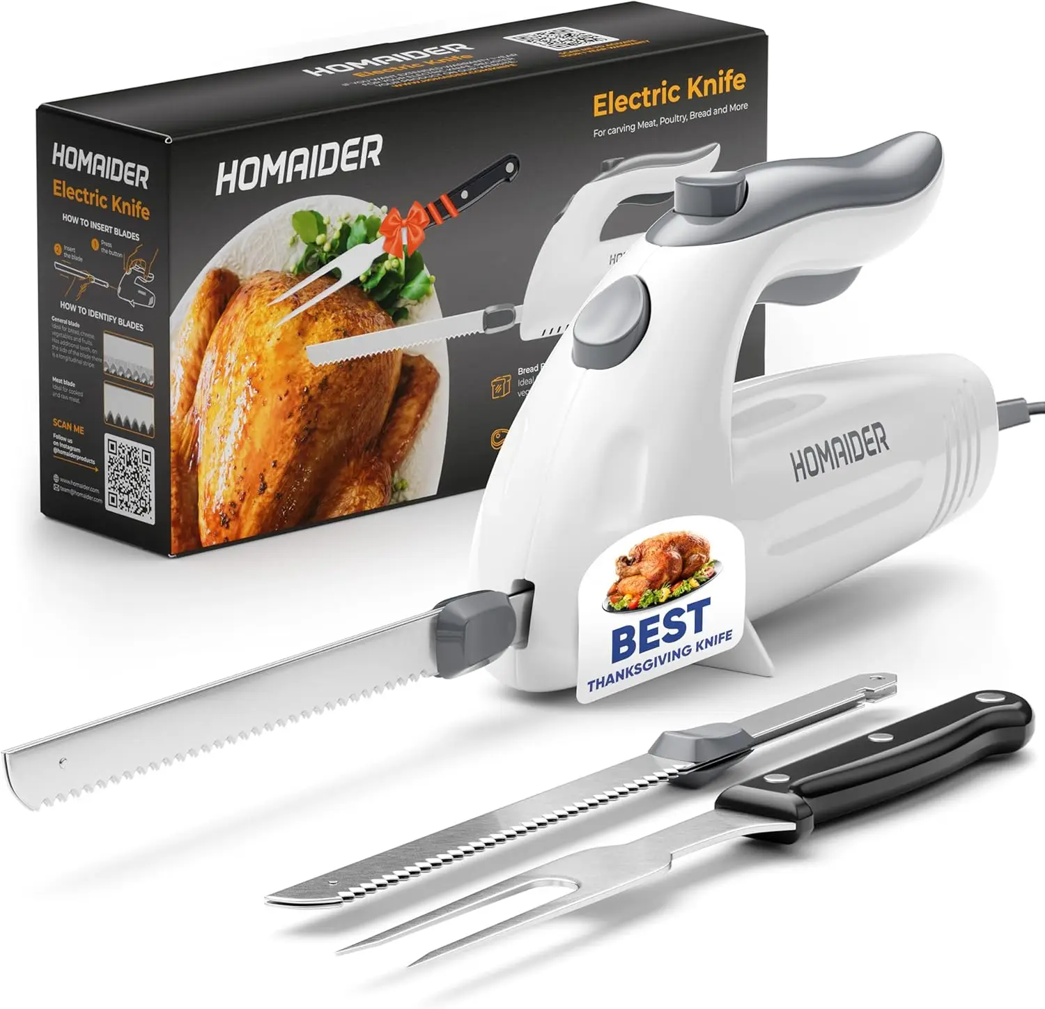 

Electric Knife for Turkey, Meat Slicing, Bread & More | Ergonomic Handle with Blades & Fork