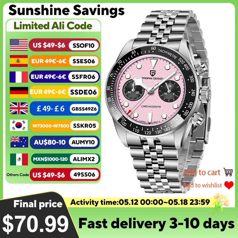 

PAGANI DESIGN Men Watches 2025 New Pink BB Panda Dial Chronograph Fashion Luxury Quartz Watch For Men VK64 Movt Waterproof Watch