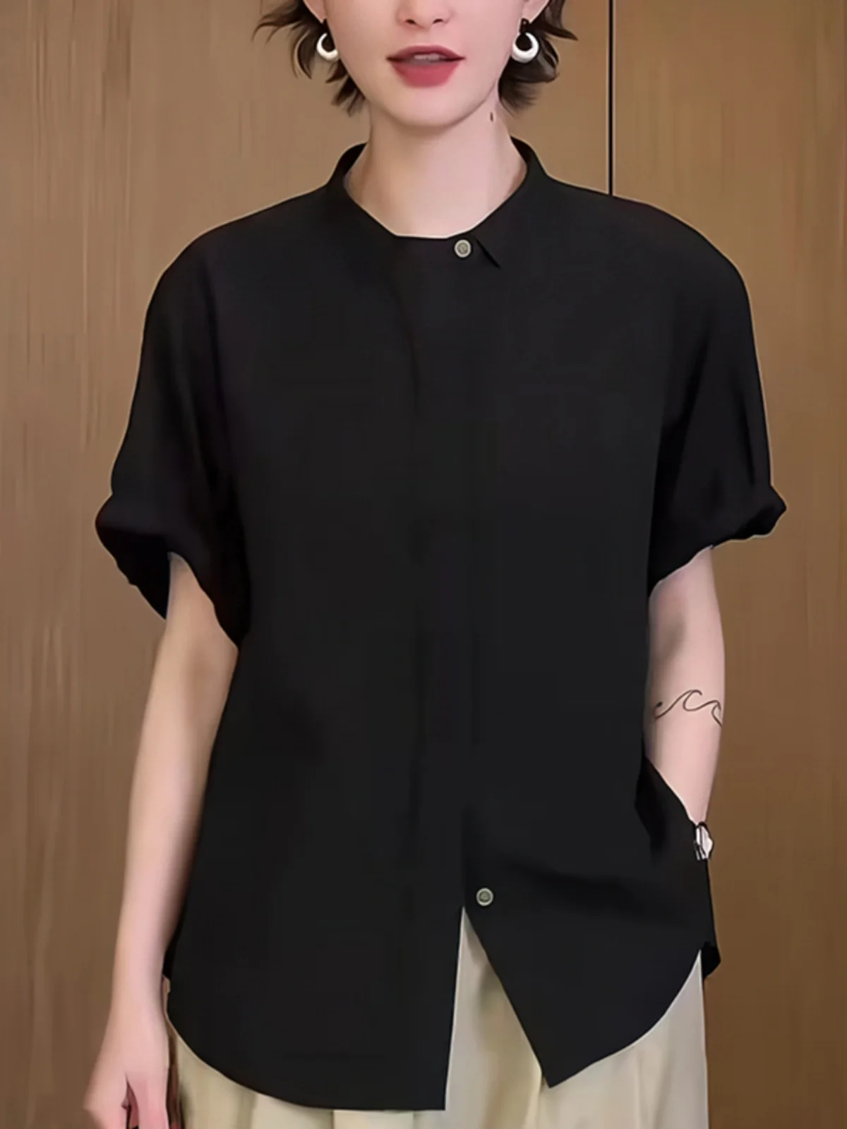 

Ele Pure Color ort Sve irt Versatile Faionable Korean Sle Commute Summer New Arrival Women's Casual Top