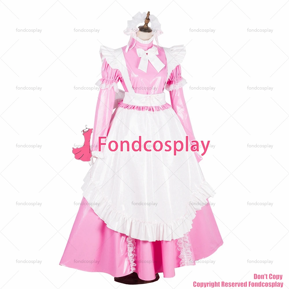 Fondcosplay Volwassen Sexy Cross Dressing Sissy Maid Lange Afsluitbare Baby Roze Dunne Pvc Vinyl Jurk Witte Schort Cd/Tv [G1801]