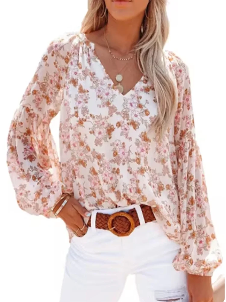 

Women's V-neck Lantern Long Sleeved Floral Print Elegant T-shirt Street Trend Fresh Sweet Style Autumn Top