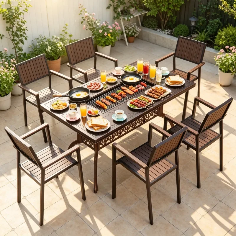 XZM-150-19 Outdoor Cast Aluminum Barbecue Table and Chair Set Rectangular Patio Dining Furniture with Armchairs for Garden