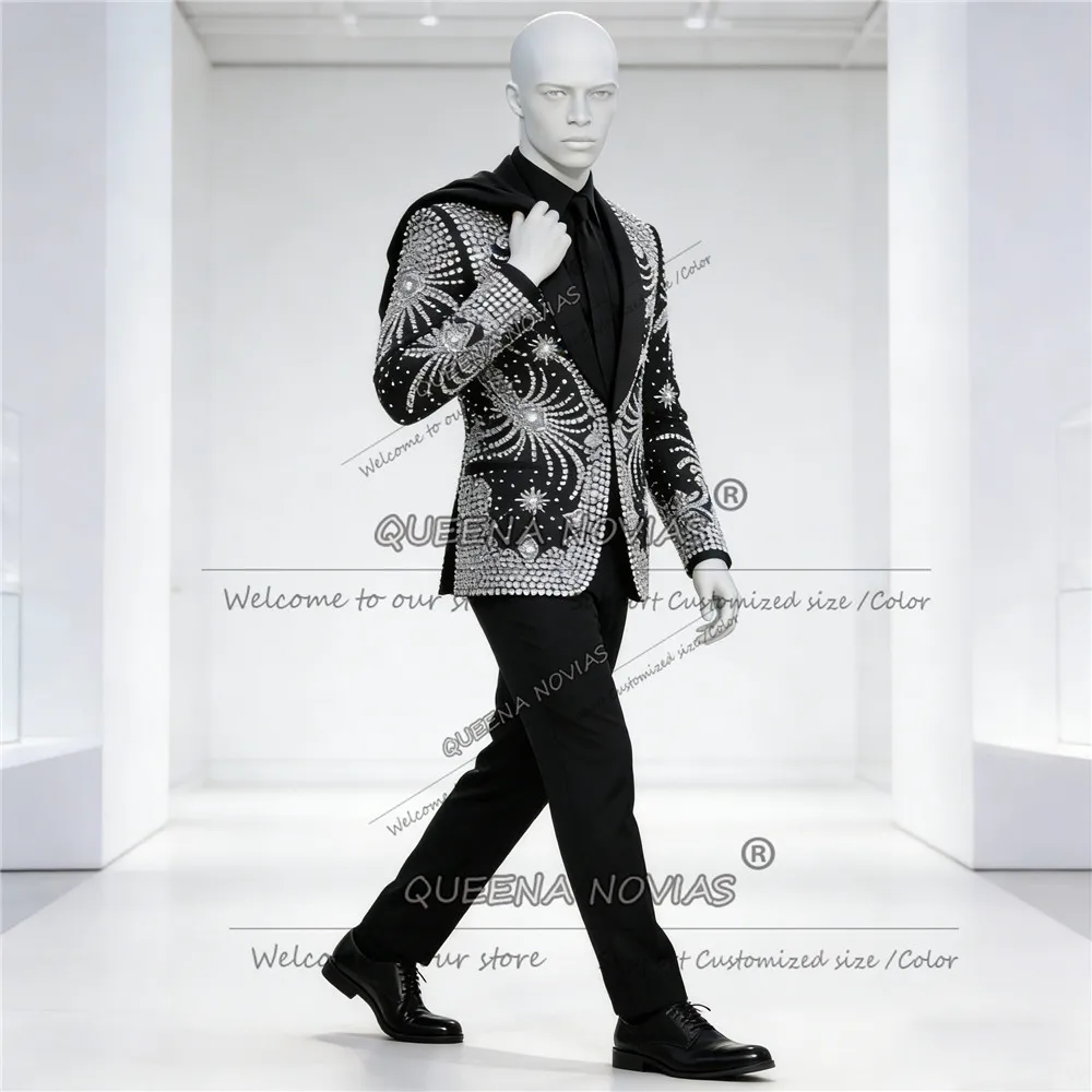 Costumes de mariage pour hommes en cristal de strass exquis, smoking ajusté, Ropa hombre, ensembles de 2 pièces, blazers pour marié perlés, sur mesure