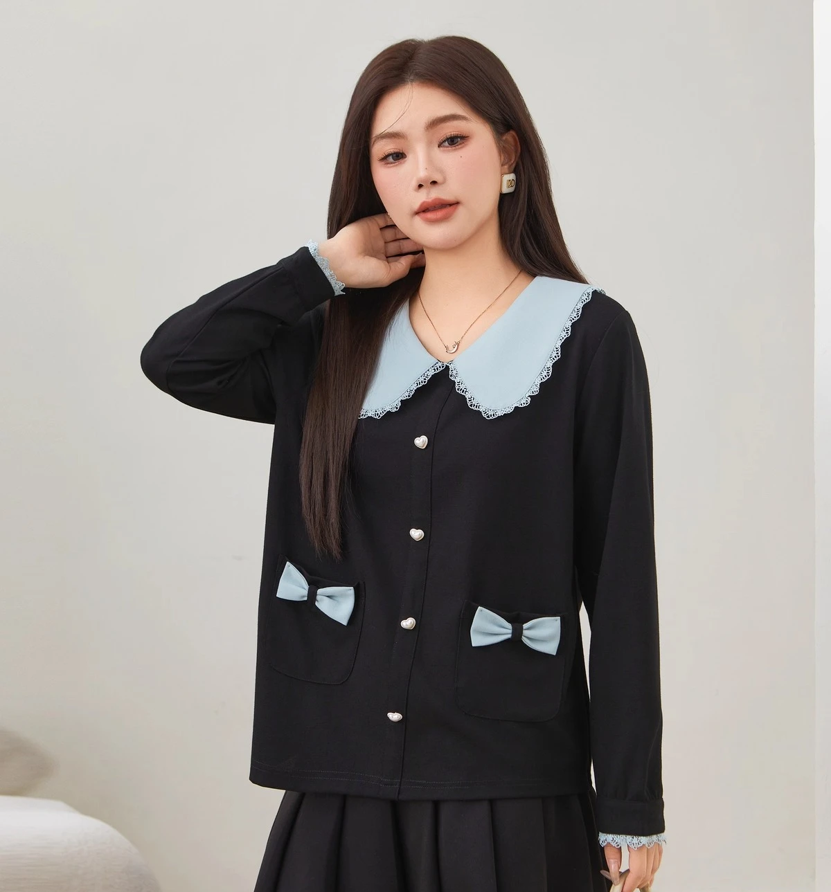 حجم كبير فتاة الحد من العمر الحلو بيتر بان طوق تنوعا محبوك قميص لطيف القوس أنيقة الدانتيل بسيطة أنيقة طويلة الأكمام أعلى