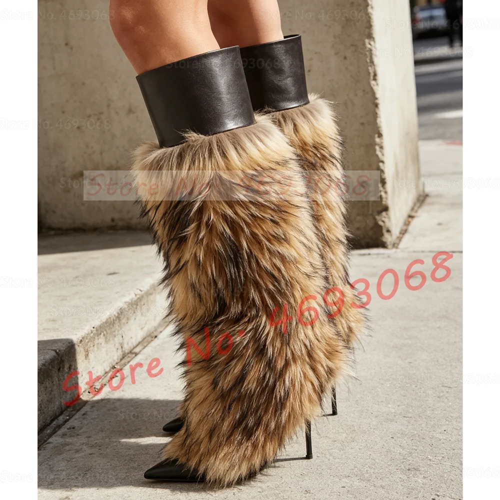Brown Faux Fur Black Knee High Snow Boots Women Trendy Pointy Toe Winter Stiletto Heel Patched Leather Pull On Fluffy Boots