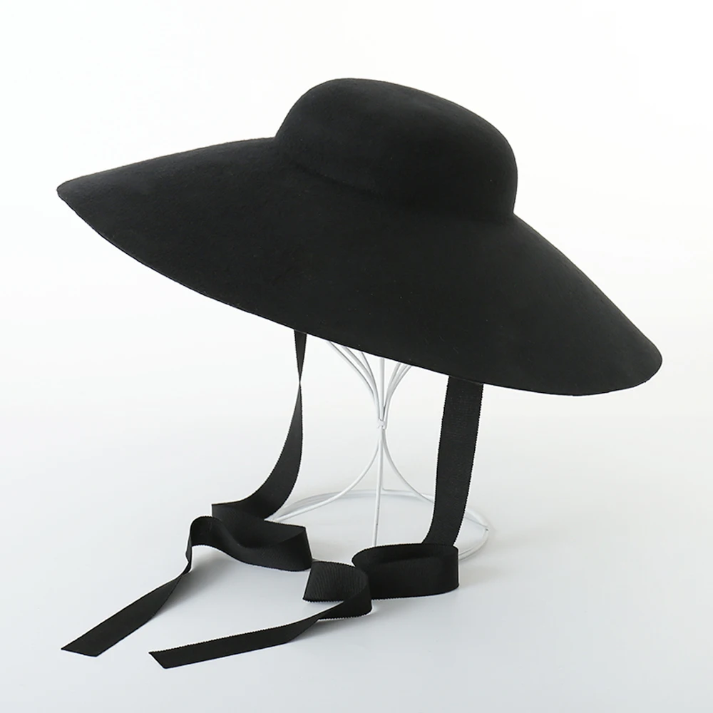 

100% Wool Felt Wide Brim Hat Women Vintage Felt Hat With Ribbon