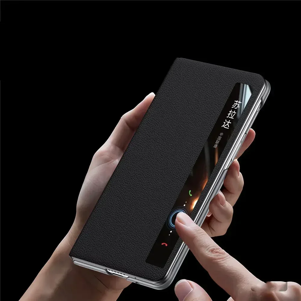 

for Honor Magic V6/V5 Luxury Genuine Leather Magsafe Case with Metal Ring Holder Bracket Window View Flip Cover for Enhanced