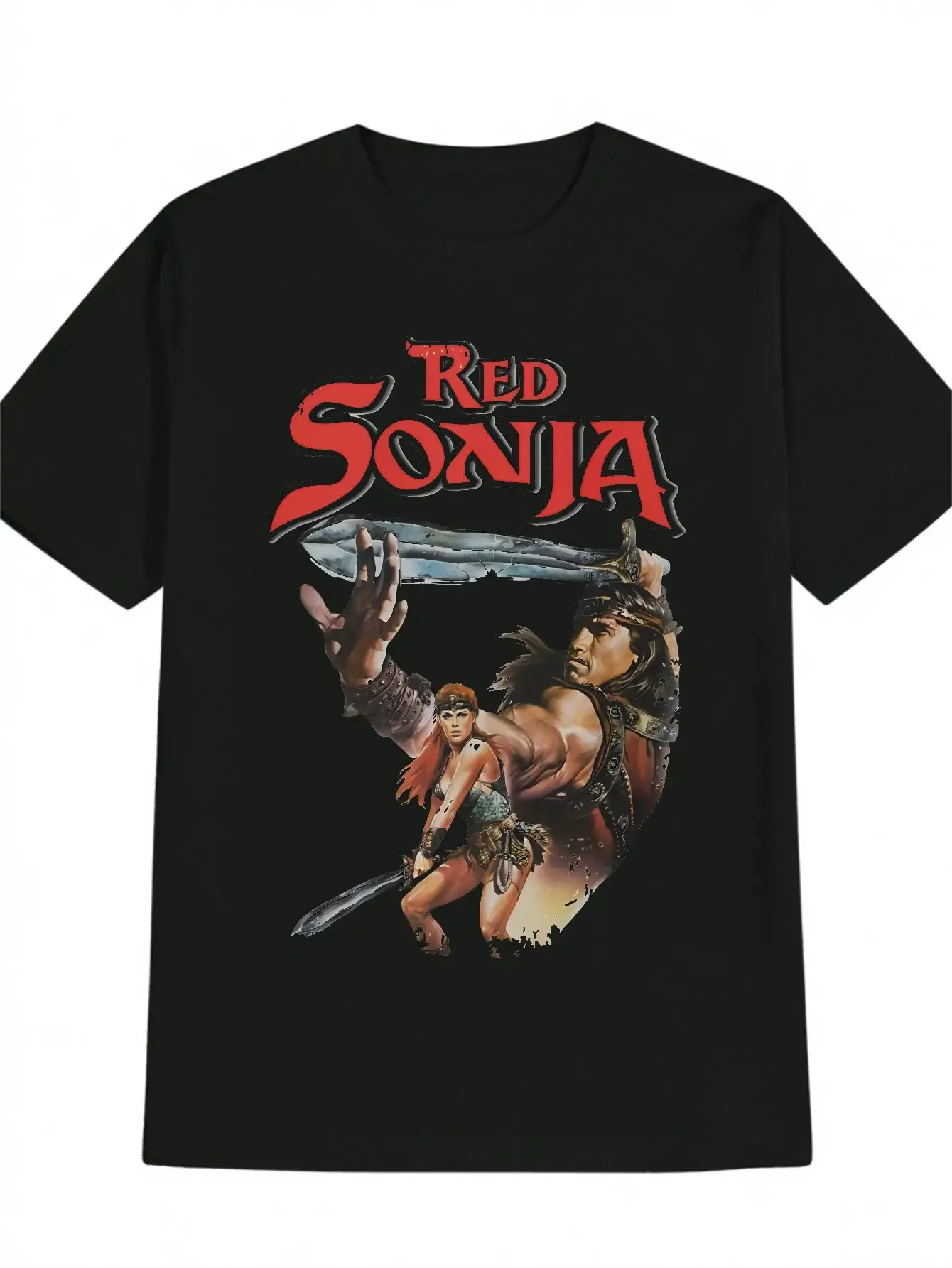 

Men's Black Barbarian Conan Inspired Pattern T-shirt Red RoboCop and Conan Sword Retro 80s Action Movie Theme