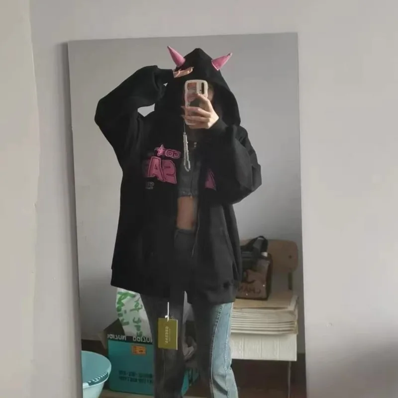 

Women's Fashion Letter Sticker Devil Hoodie For Men Women College Style 90s Vintage Black Zip Up Outerwears Yk2 Goth Hip Hop Top