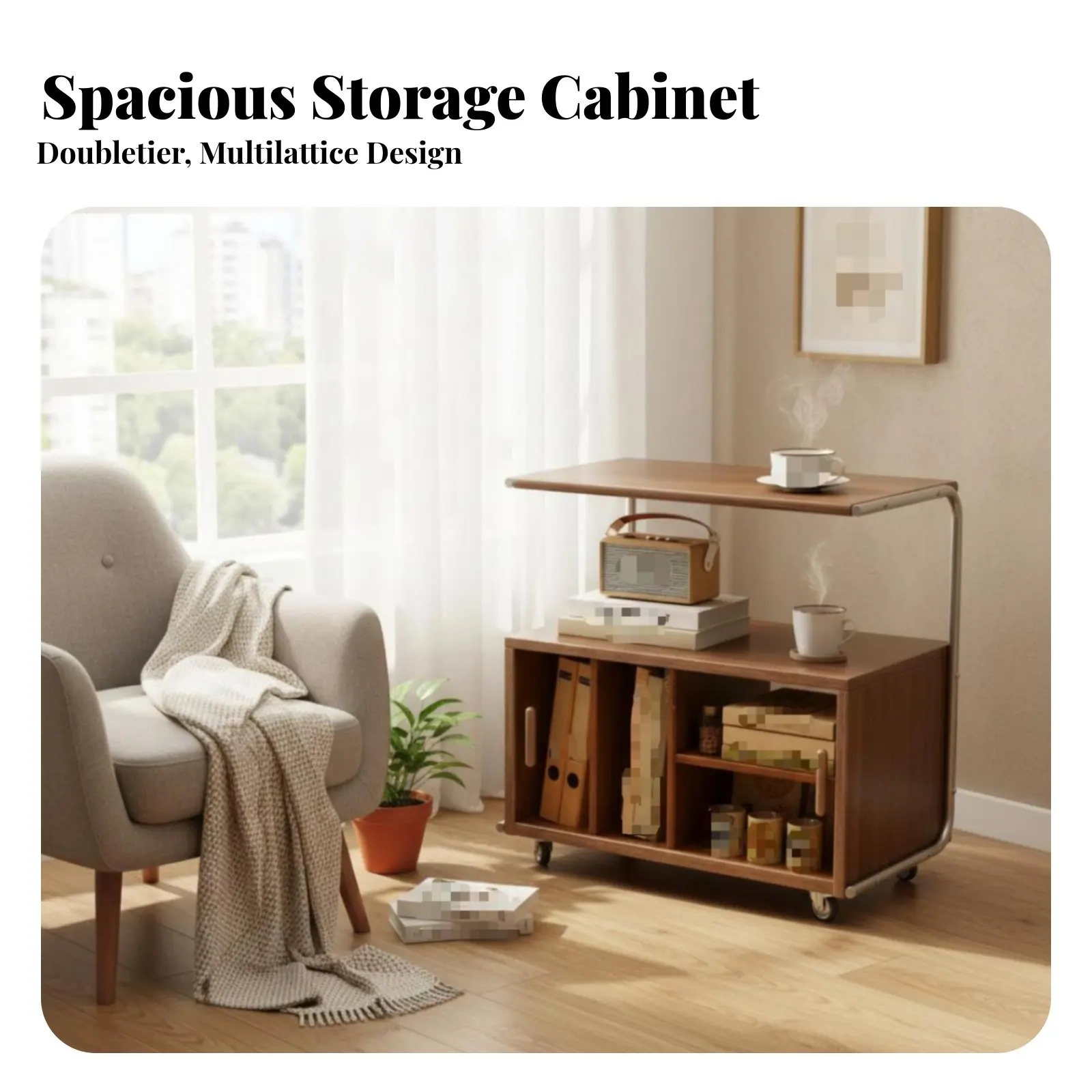 2-Tier Rolling End Table Full Wood Construction Storage Rolling Table Multi-Functional Built-in Handle for Homeowners, Students view 4